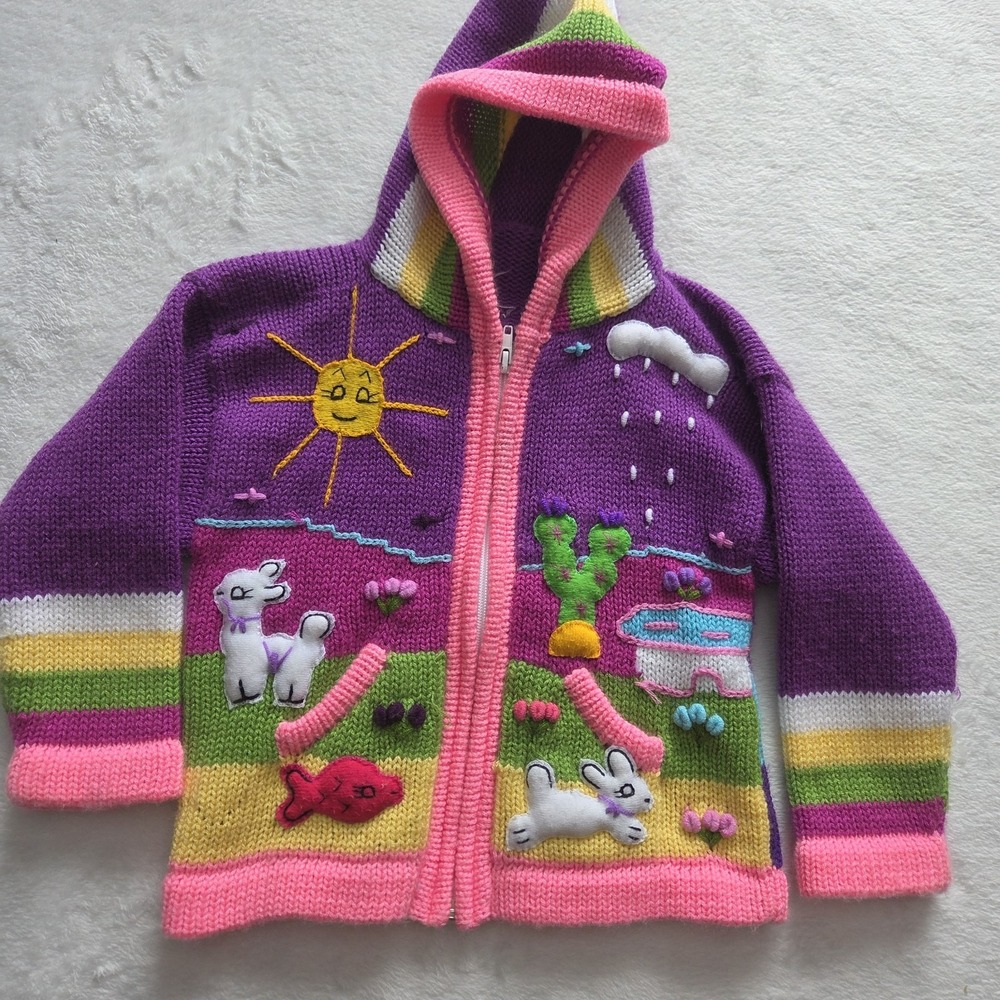 Peruvian Kids Knit Sweater Full Zip Hooded Colorful Sun Animals Flowers Spring 4